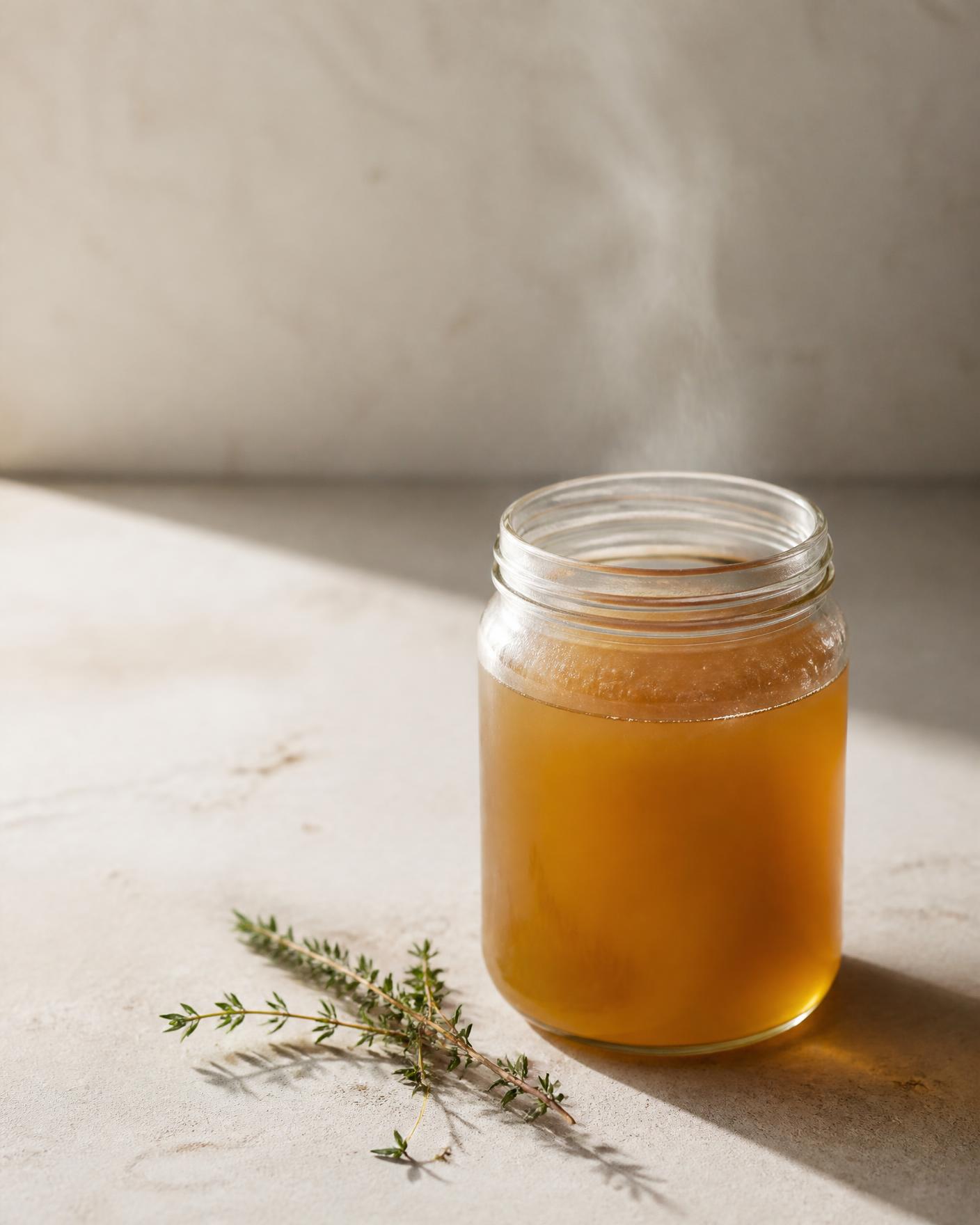 Jar of freshly simmered Swiss bone broth with thyme
